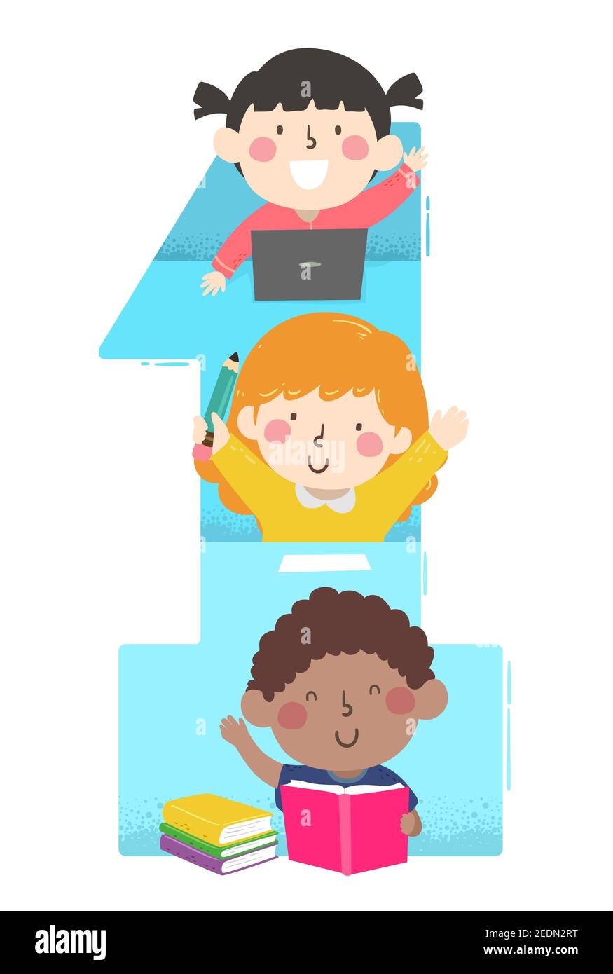 Illustration of Kids Students Waving From Inside Number One Stock Photo