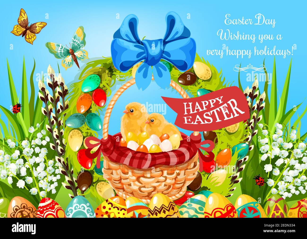Easter egg hunt basket with chickens greeting card. Yellow chicks with coloured eggs in wicker basket, adorned with ribbon, bow, lily flower, floral E Stock Vector