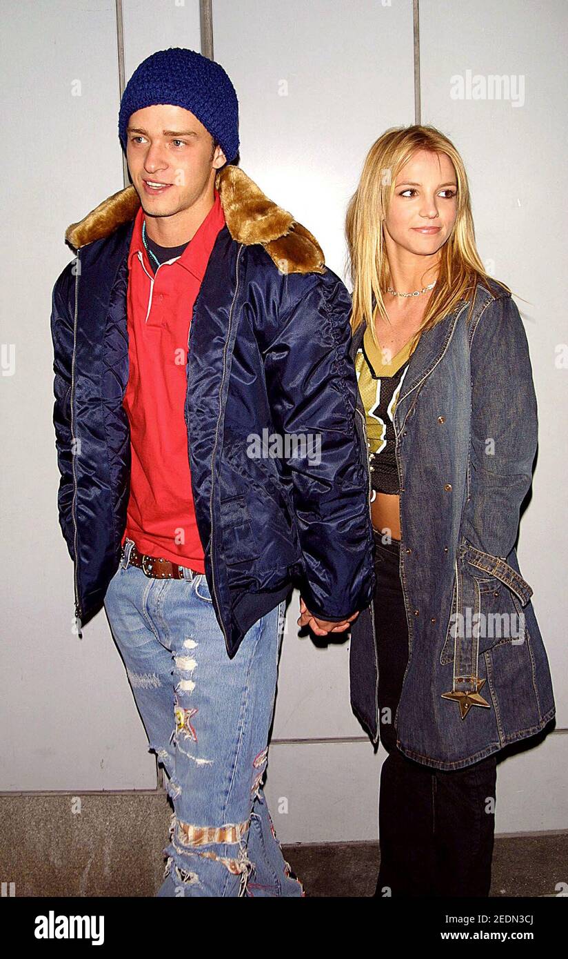 File photo dated February 3, 2002 of singers Justin Timberlake and girlfriend Britney Spears arriving at Planet Hollywood in Times Square, New York City, NY, USA. After public outcry stemming from the New York Times documentary Framing Britney Spears, Justin Timberlake has issued a public apology to the pop star, his former girlfriend, and Janet Jackson, his co-performer at the “wardrobe malfunction”-plagued 2004 Super Bowl half-time show, following accusations of racism and sexism in his treatment of both women. Photo by ABACAPRESS.COM Stock Photo
