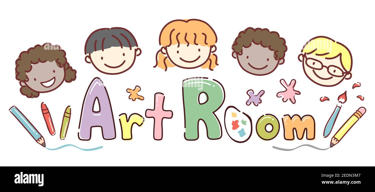 Illustration of Stickman Kids Smiling with Art Supplies and Art Room Lettering Stock Photo
