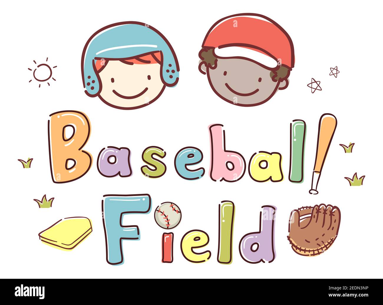 Illustration of Stickman Kids Boys and Baseball Field Lettering with Bat, Base, Ball and Gloves Stock Photo