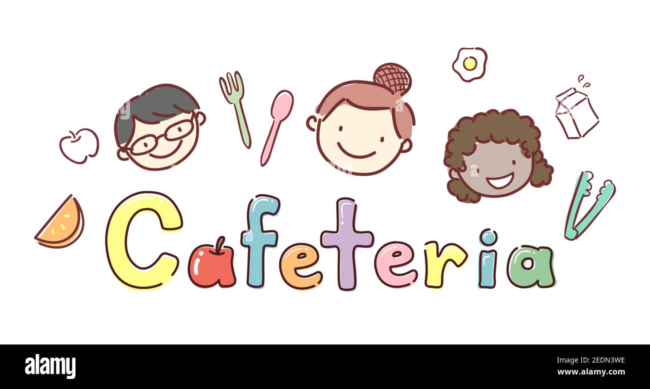Illustration of Stickman Kids Smiling and School Cafeteria Lettering with Spoon, Fork, Tongs Stock Photo