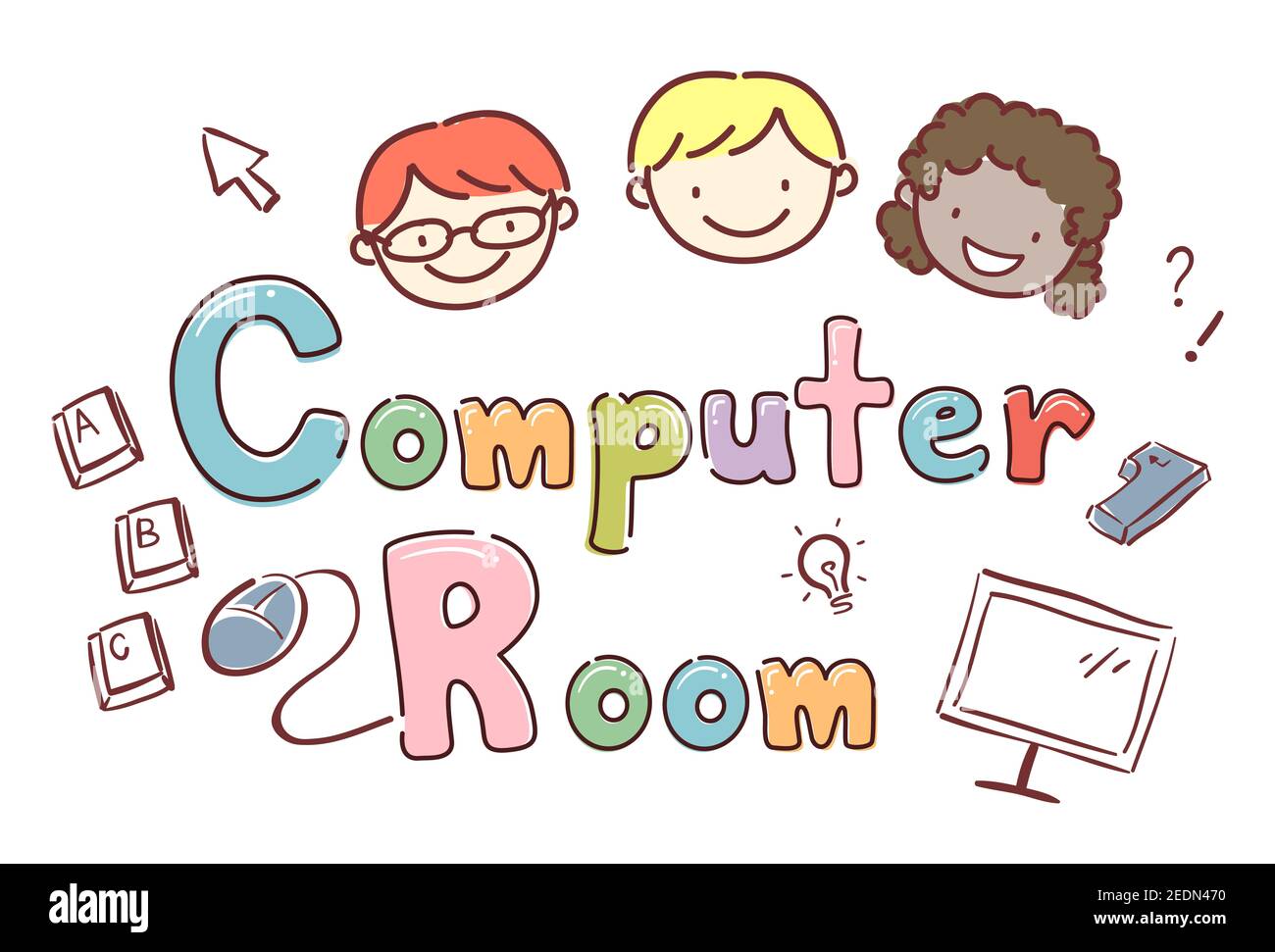 Illustration of Stickman Kids Smiling with Computer Room Lettering Stock Photo