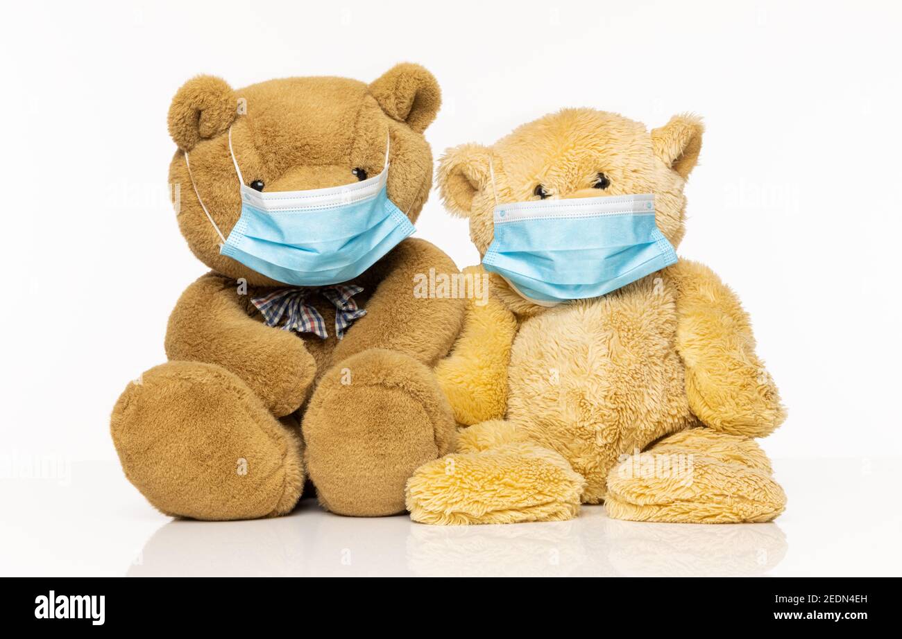Two teddy bears wearing face masks isolated on a white background Stock Photo