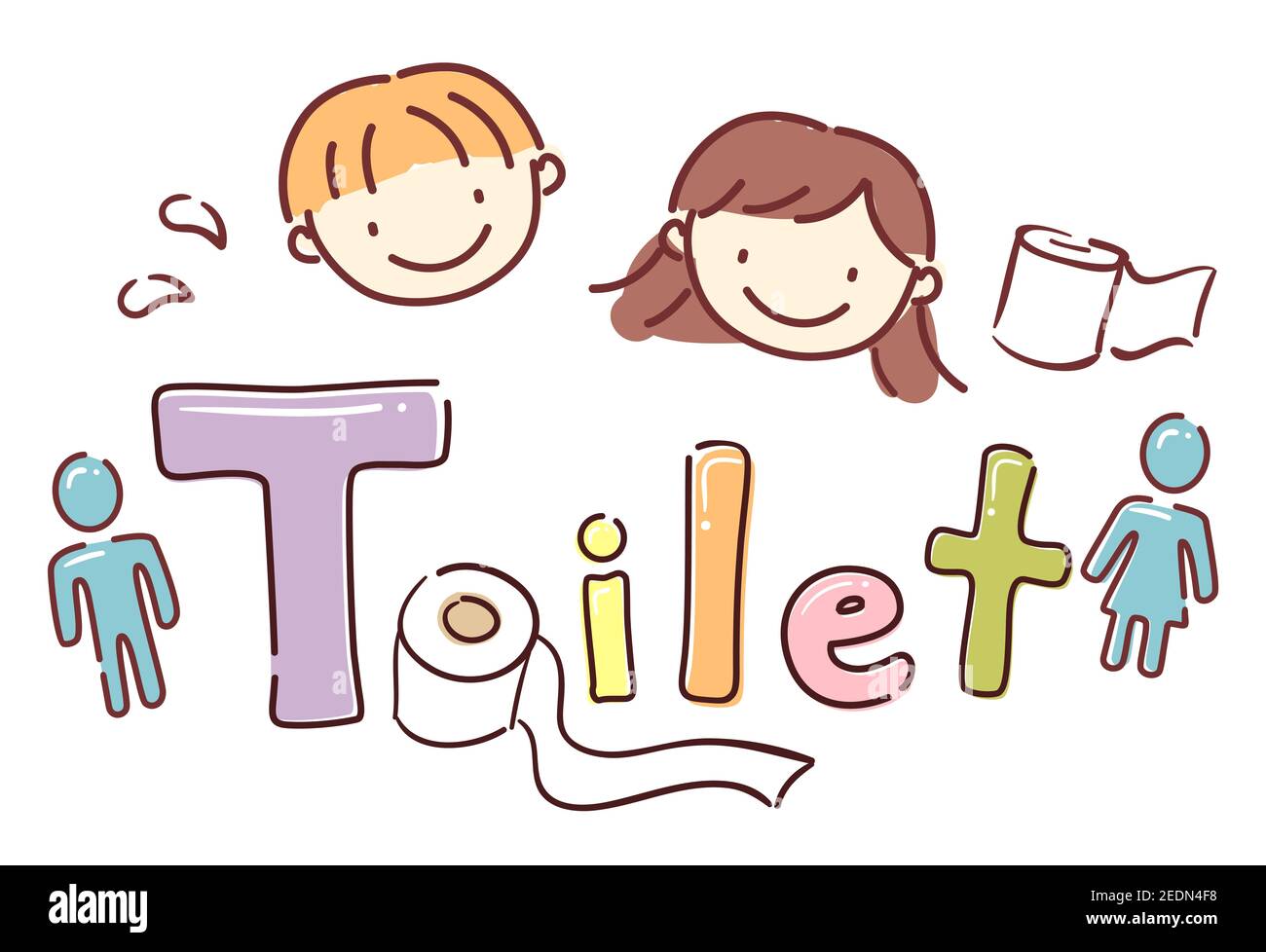 Illustration of Stickman Kids Smiling with Toilet Lettering and Tissue Paper, Man and Woman Symbols Stock Photo