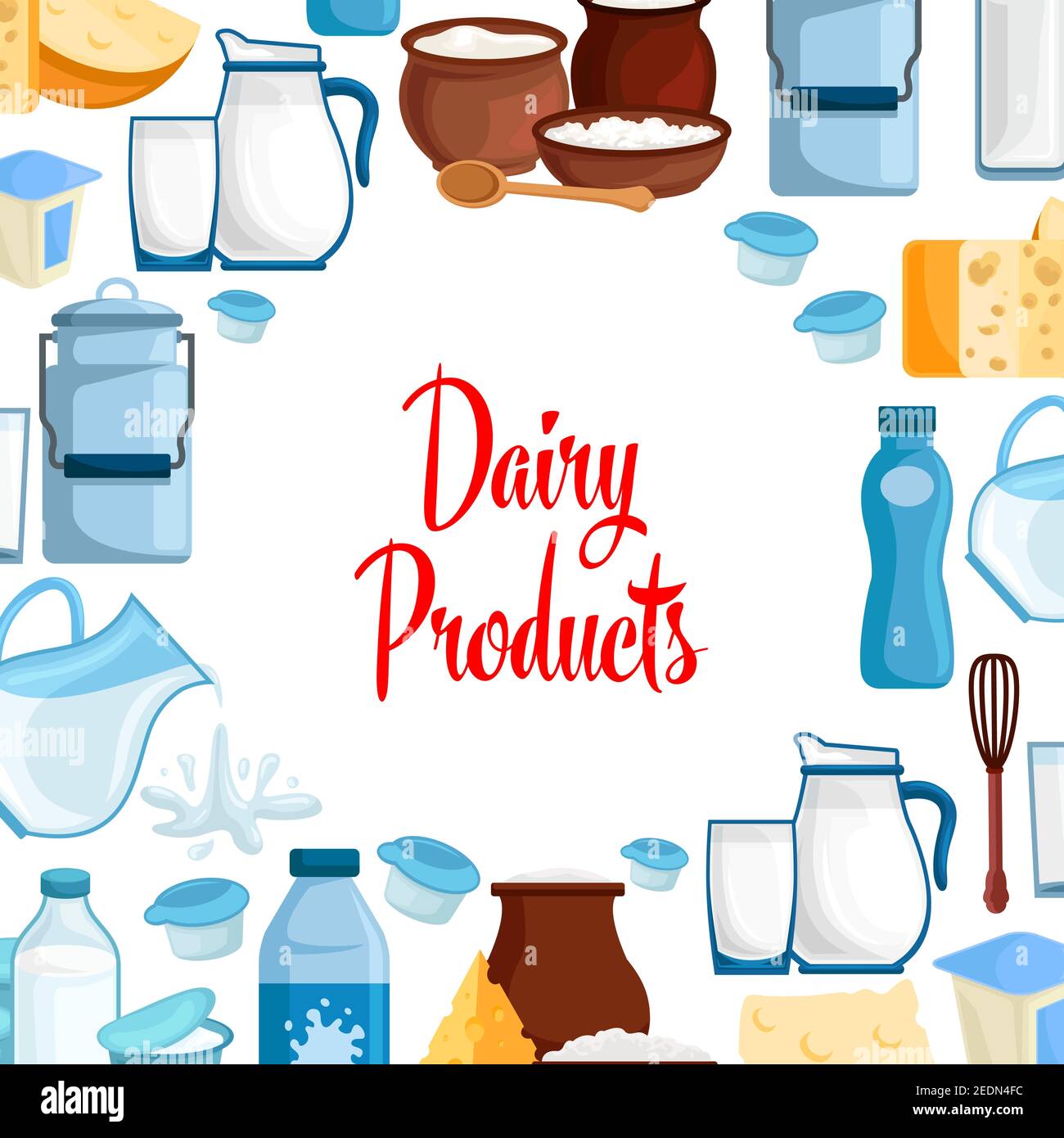 Milk and dairy products vector poster of milky food and drinks, milk