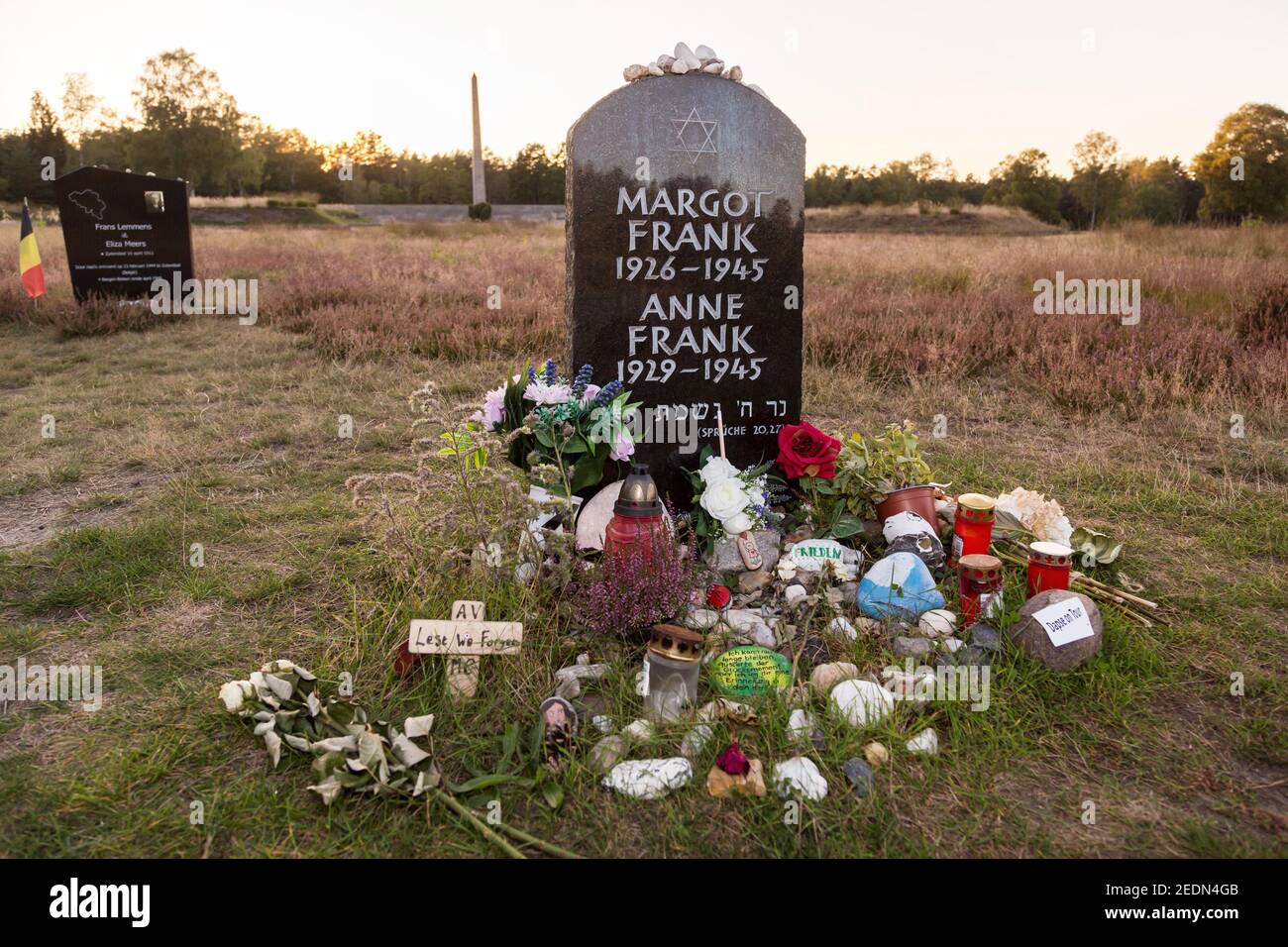 20.09.2020, Lohheide, Lower Saxony, Germany - Bergen-Belsen memorial, symbolic grave of Anne Frank and her older sister Margot on the historic camp si Stock Photo