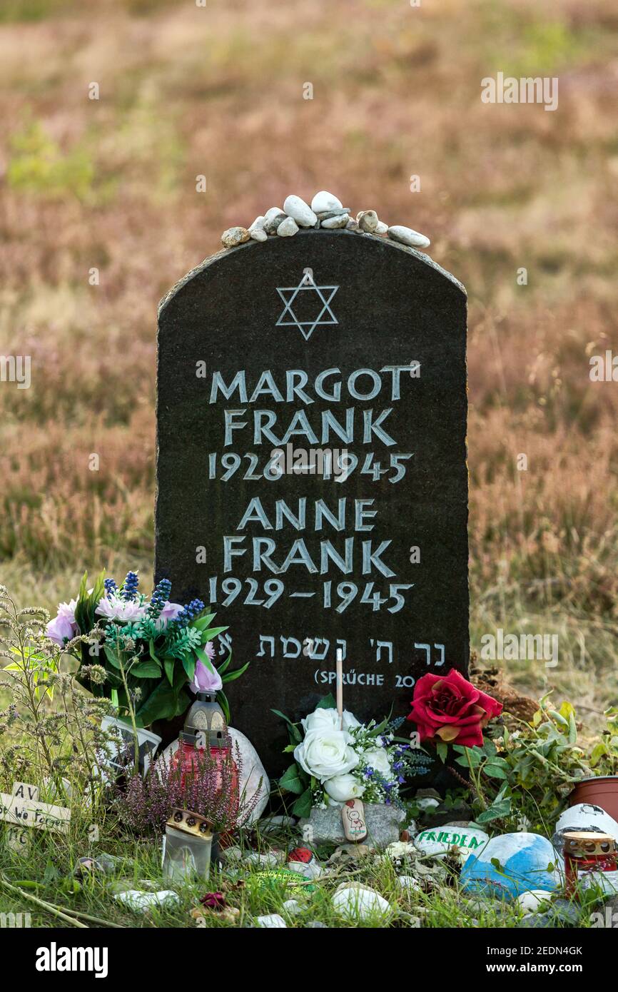 20.09.2020, Lohheide, Lower Saxony, Germany - Bergen-Belsen memorial, symbolic grave of Anne Frank and her older sister Margot on the historic camp si Stock Photo