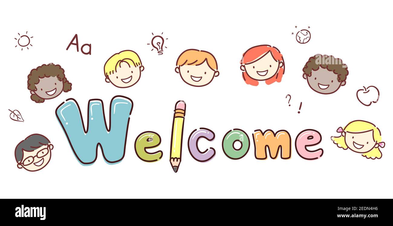 Illustration of Stickman Kids Students with Welcome Lettering Stock Photo