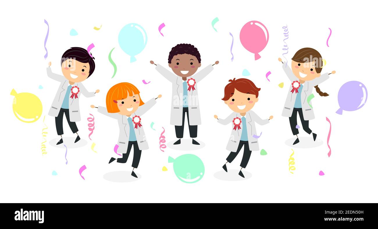 Illustration of Stickman Kids Wearing Laboratory Gown with Red Ribbons, Balloons and Confetti Stock Photo