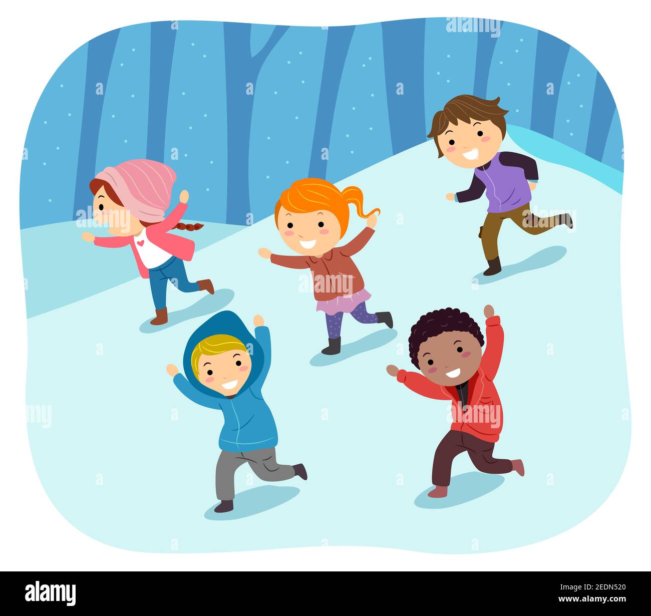 Illustration of Stickman Kids Running Down the Hill Covered in Snow in Winter Stock Photo