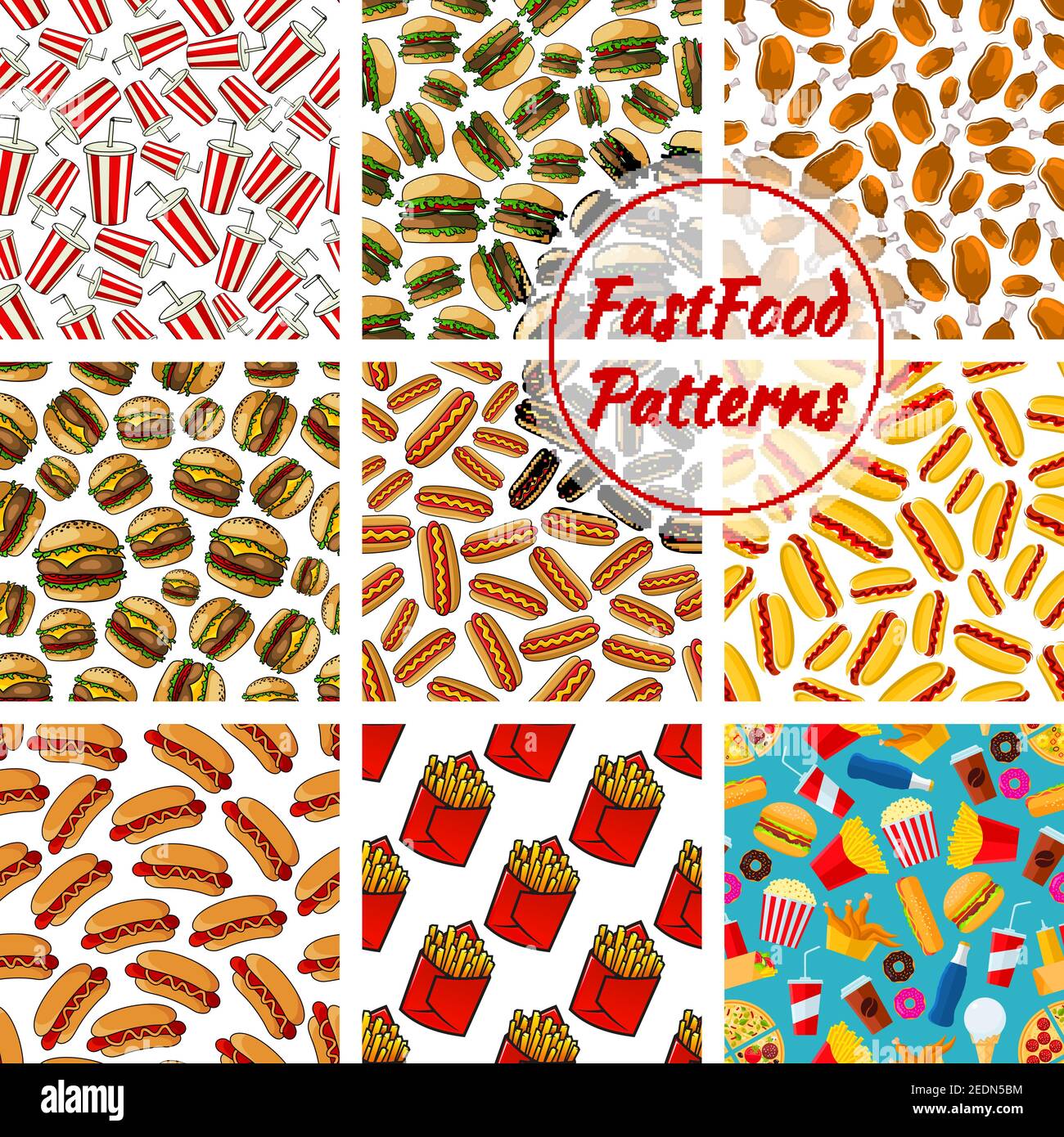 Fast food vector seamless pattern of sandwiches, hot dog and hamburger ...