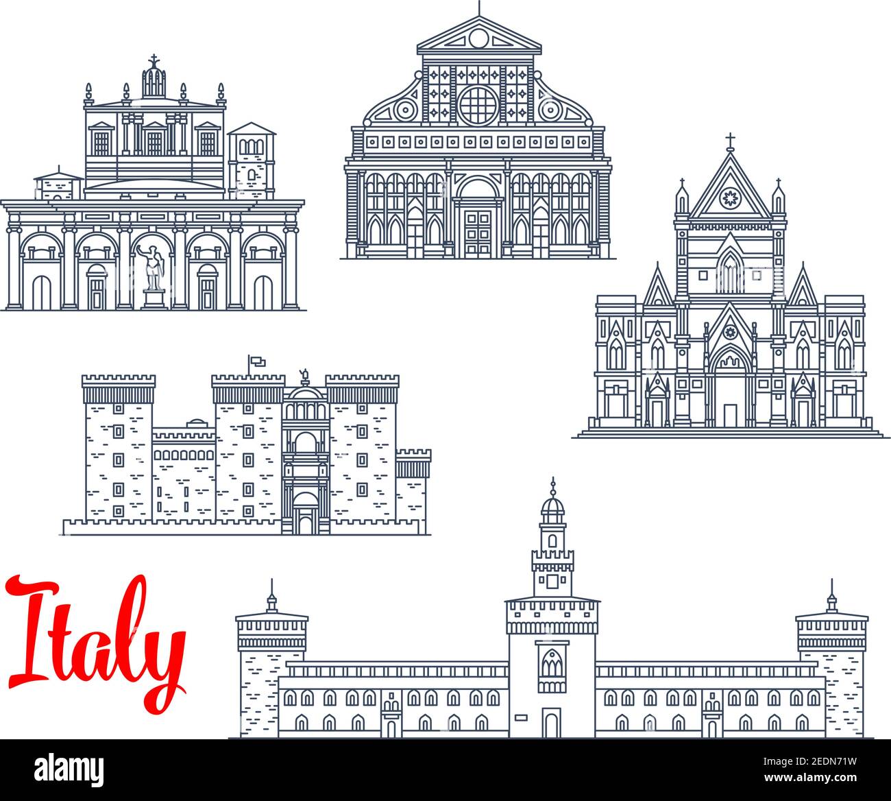 Italian historic architecture symbols and famous sightseeing buildings. Vector isolate icons and facades of Santa Maria Novello church, Castel Nuovo a Stock Vector