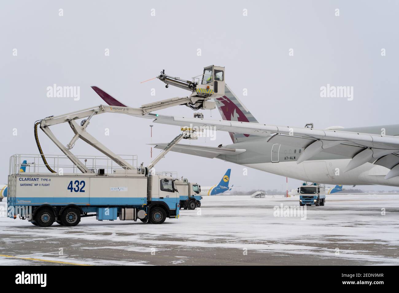 Ukraine, Kyiv February 12, 2021 Deicing the aircraft before the