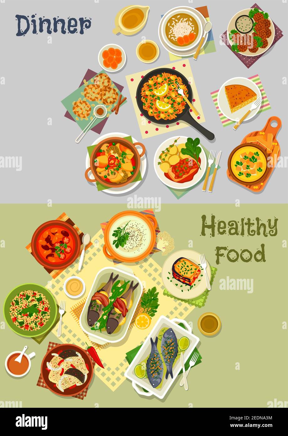 Vegetarian and baked fish dishes icon set with cauliflower, tomato bean, rice and lentil soup, baked fish with bacon, vegetable lasagna, salad, omelet Stock Vector