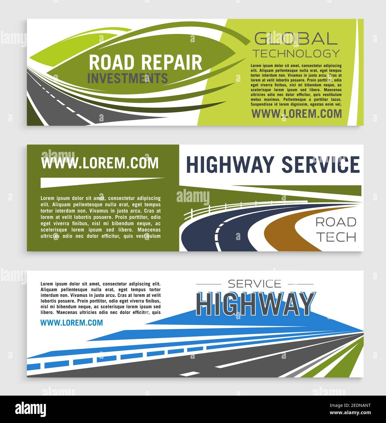 Road repair and highway service banner template. Asphalt highway road and speedy freeway symbol with text layouts for road construction and repair ser Stock Vector