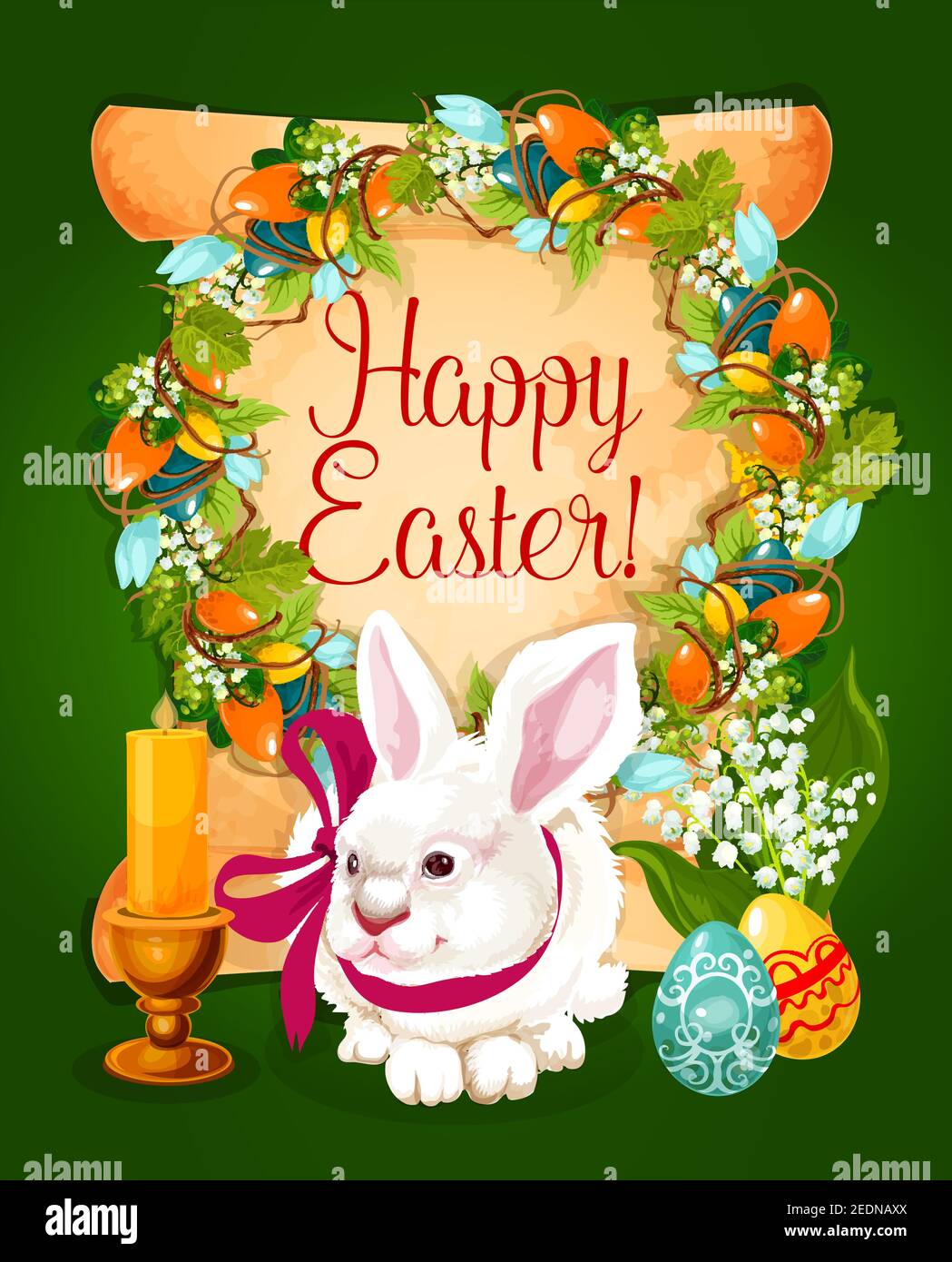 Easter eggs with rabbit greeting card. Paper scroll with Easter eggs, spring flowers and grapevine wreath, painted eggs, white bunny with ribbon, bunc Stock Vector