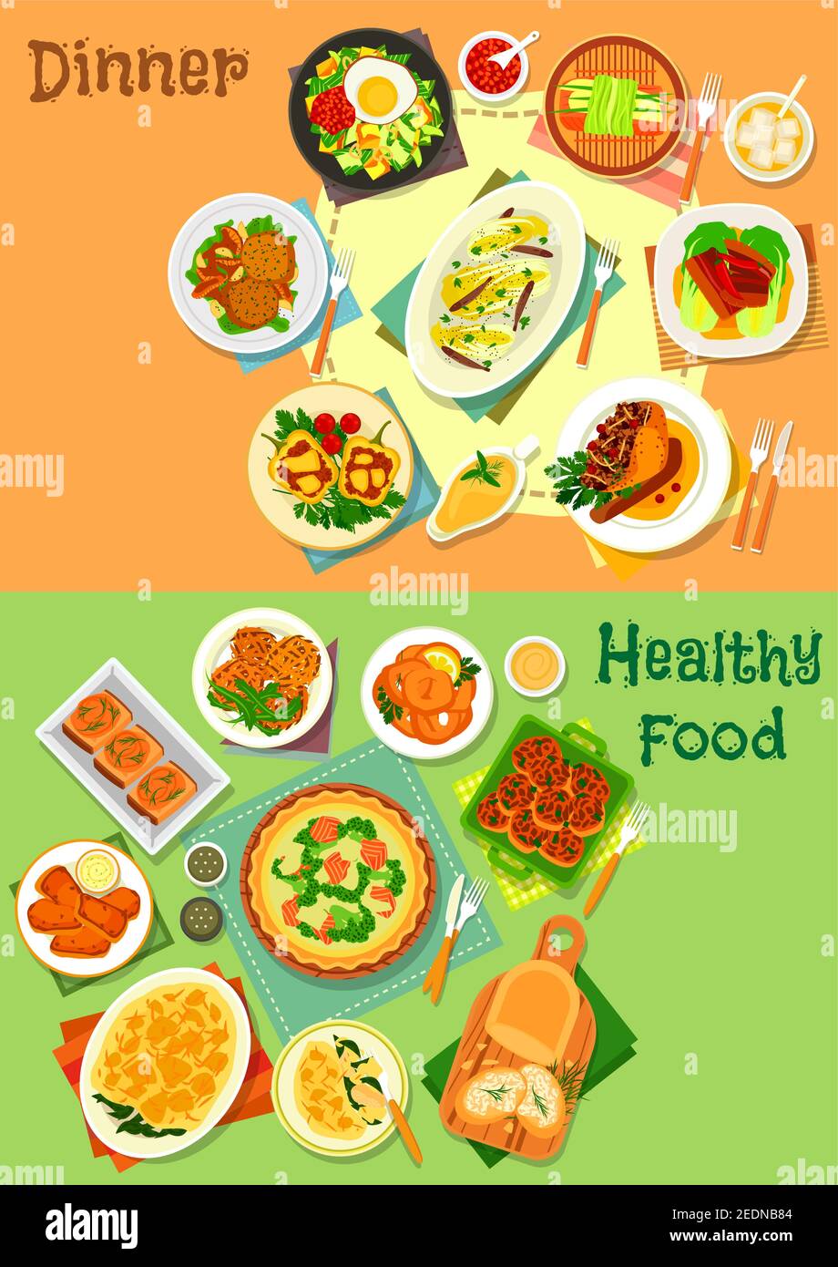 Main dishes for dinner icon set of fish pie, cutlet and casserole with vegetable and cheese, fried egg with veggies, baked pork, goose and pepper, veg Stock Vector