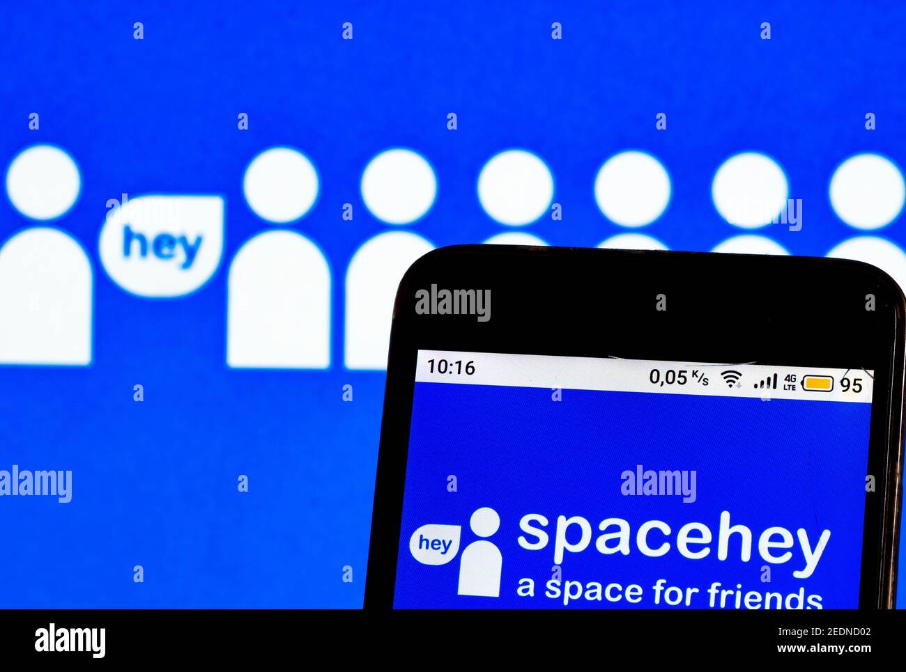 In this photo illustration a SpaceHey logo is seen displayed on a smartphone Stock Photo
