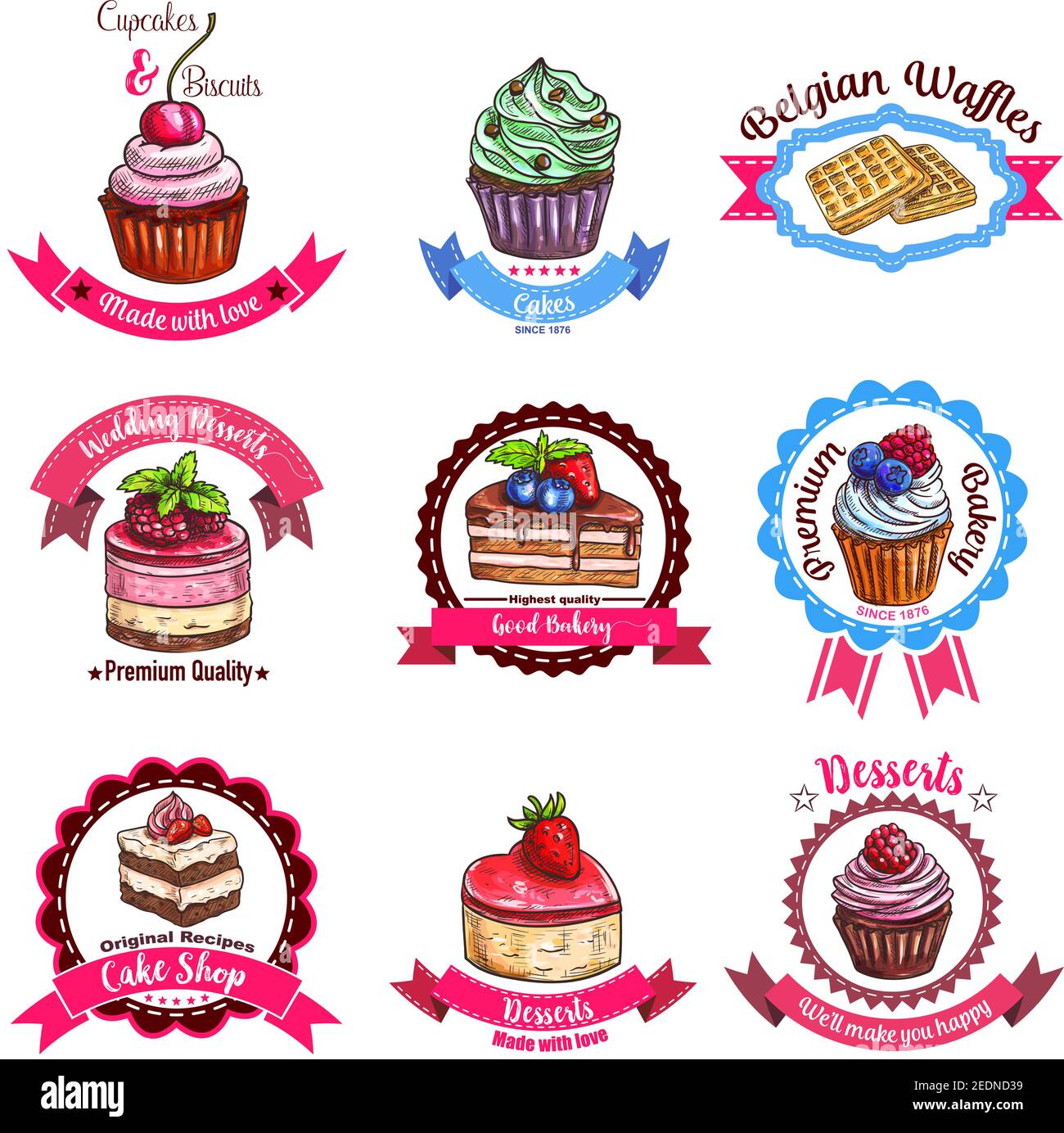 Cakes and dessert biscuits vector sketch icons of cupcakes or cheesecake, donut and muffin, belgian waffles and wafer tart, chocolate brownie cookie a Stock Vector