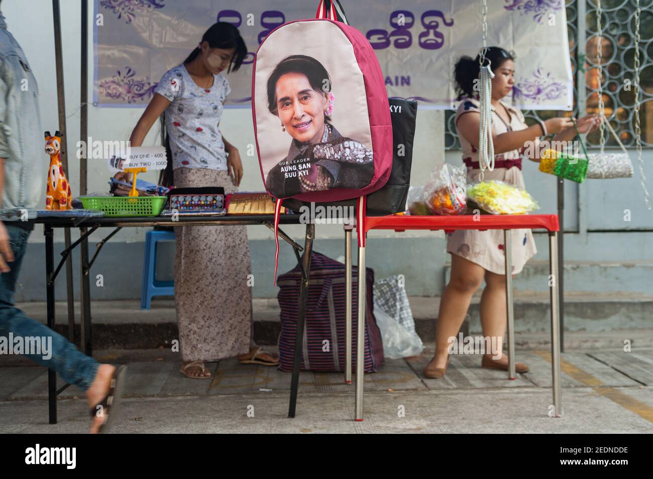 28.01.2017, Yangon, , Myanmar - A small backpack with the image of Aung San Suu Kyi is offered for sale at a street market in the city centre of the f Stock Photo