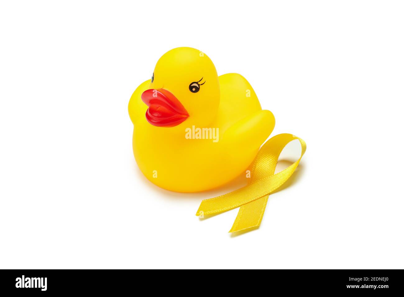 Yellow awareness ribbon and rubber duck isolated on white background Stock Photo