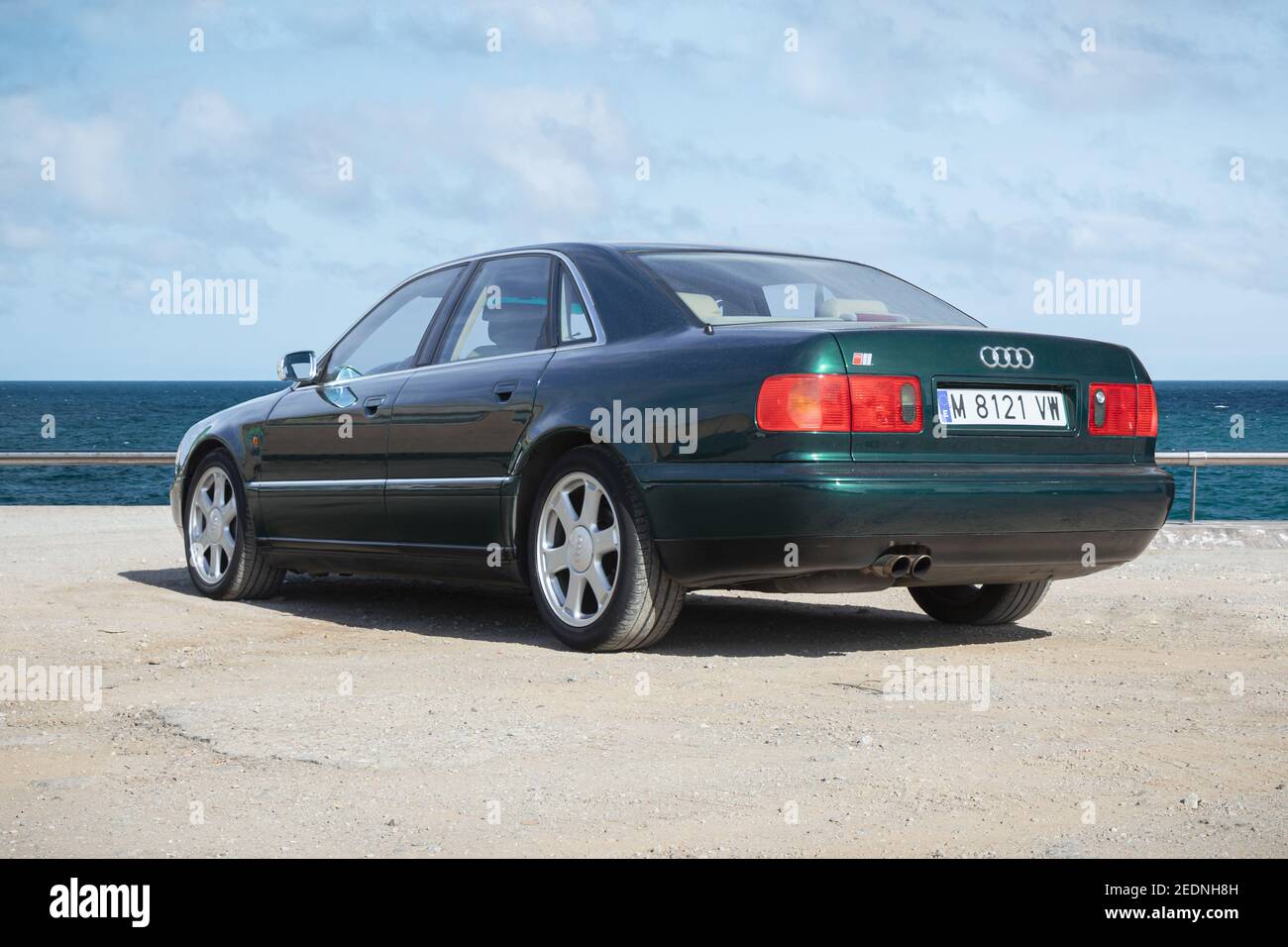 BARCELONA, SPAIN-FEBRUARY 2, 2021: Audi S8 (First generation, D2, 1996 - 2003) parking next to sea (rear view) Stock Photo