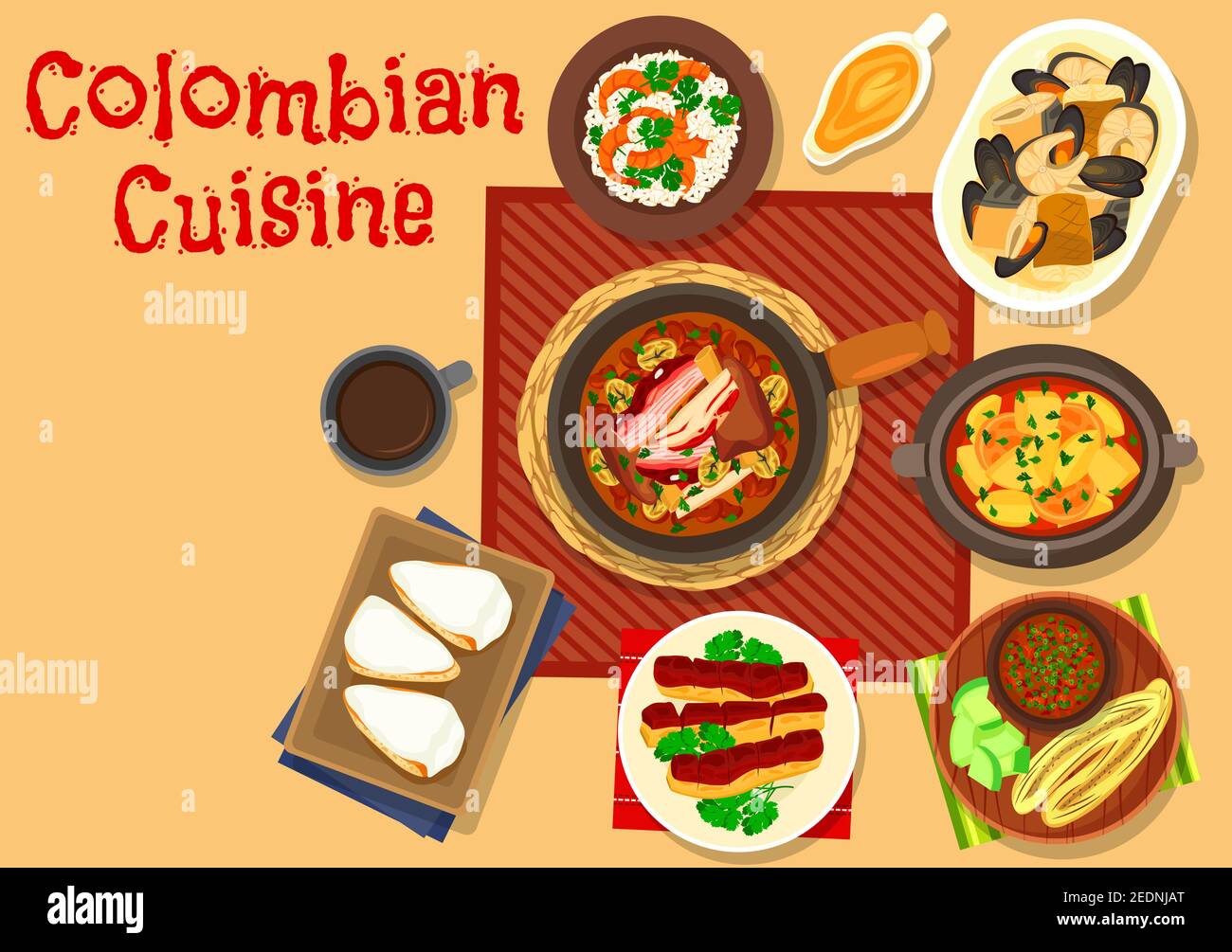 Colombian cuisine dinner icon of shrimp rice, bean stew with pork shank, tomato onion sauce with grilled banana, chicken soup with corn flatbread, sea Stock Vector