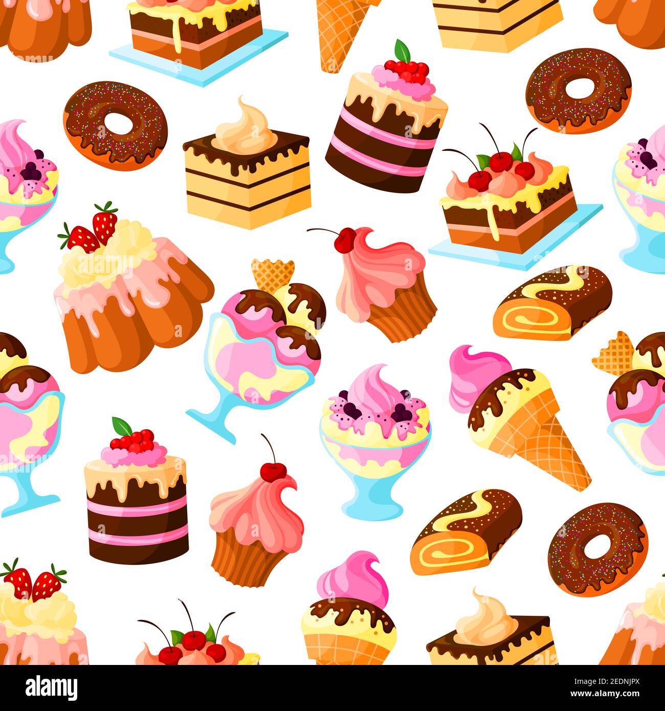 Pastry cakes and bakery desserts vector seamless pattern of biscuit cupcake or cheesecake, ice cream and donut or muffin, waffles and wafer tart, choc Stock Vector