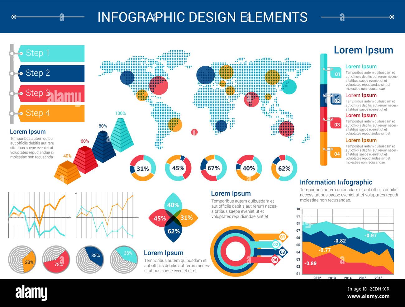 Infographic elements design. World map with pointers, pie chart, line ...