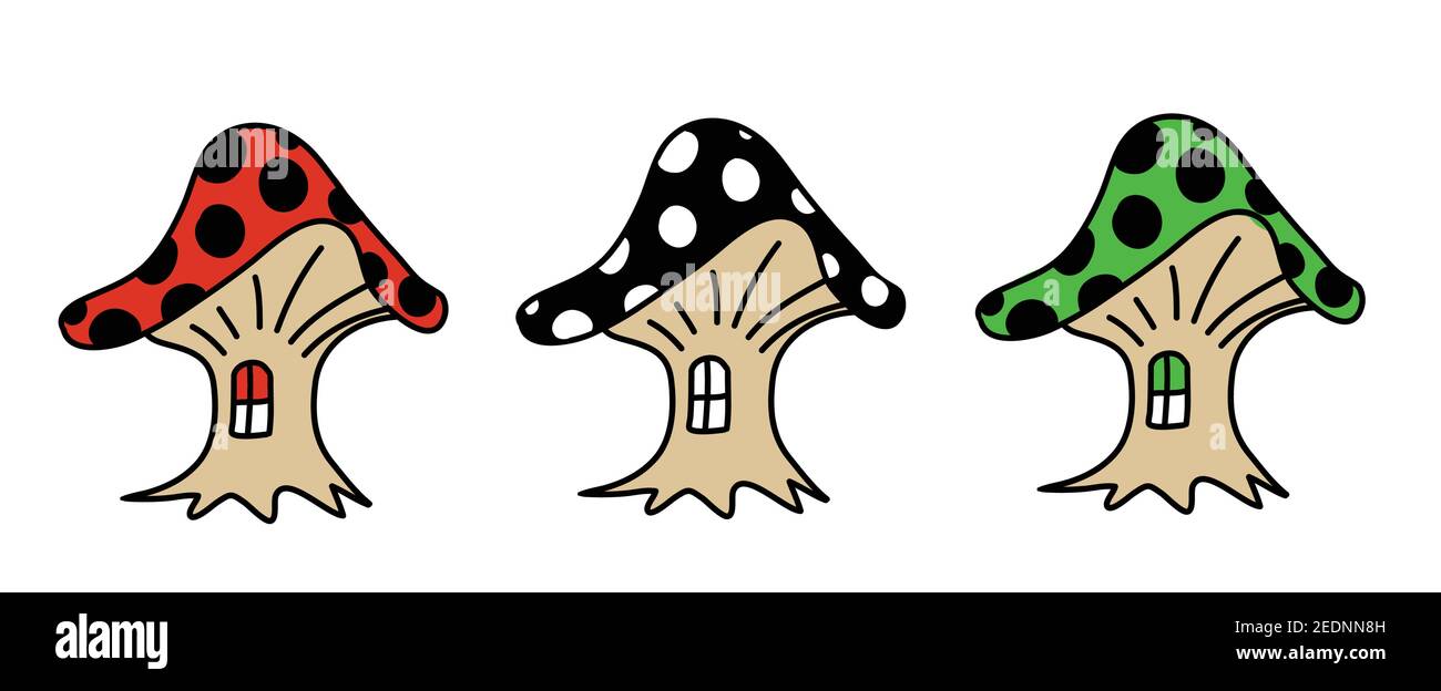 Three fairy-tale mushroom-shaped houses 