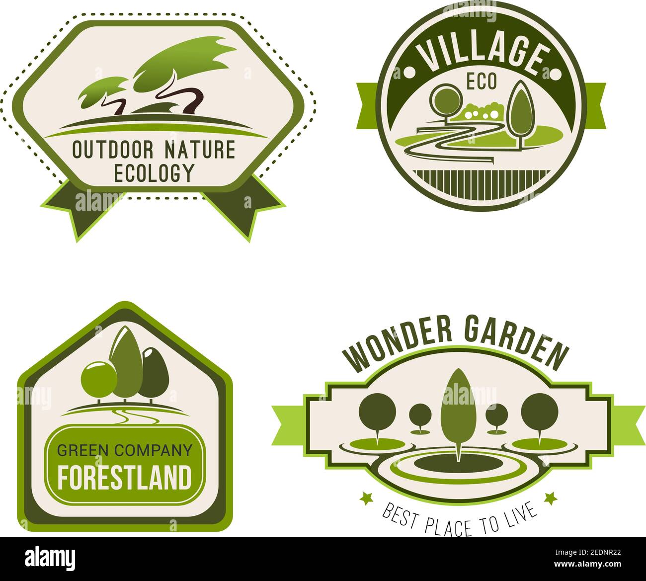 Ecology nature label set. Eco green badges with nature landscape of