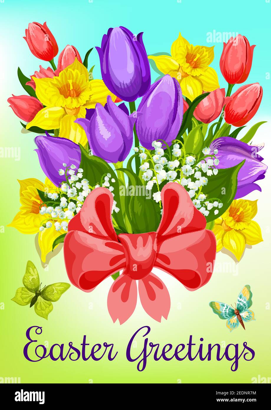 Easter flowers greeting card. Bunch of tulip, lily, narcissus flowers