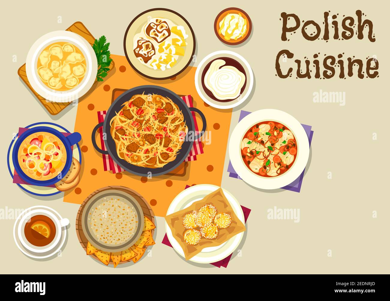 Polish cuisine tasty lunch icon with bean sausage soup, cabbage stew with sausage and ham, beer bread soup, meat dumplings, carp fish vegetable stew, Stock Vector