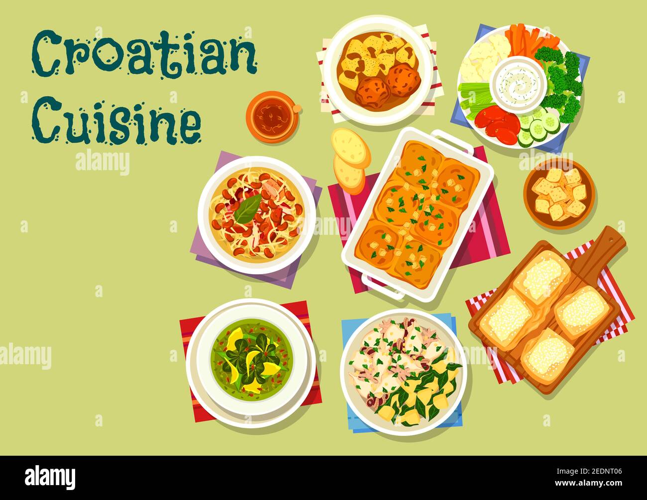 Croatian cuisine lunch icon of squid with potato, meatball in tomato sauce, bean cabbage stew with meat, spinach cream soup, sour cream sauce with veg Stock Vector