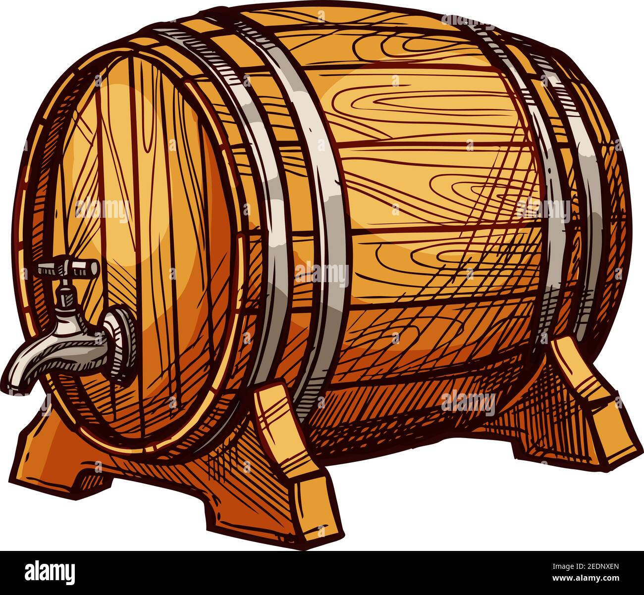 Wooden barrel of beer or wine sketch. Old oak keg with a tap on wood stand. Bar, pub, winery or brewery symbol, alcoholic drinks design Stock Vector
