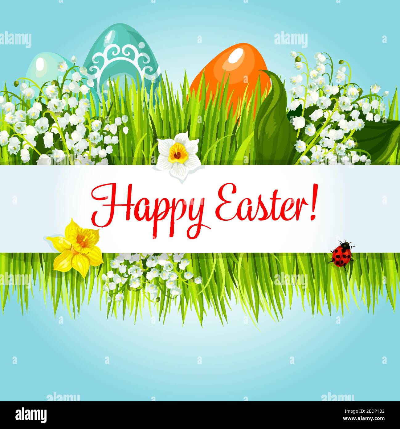 Easter egg in grass Egg Hunt celebration poster. Easter coloured eggs hidden in green grass of meadow with narcissus and lily of the valley flowers. E Stock Vector