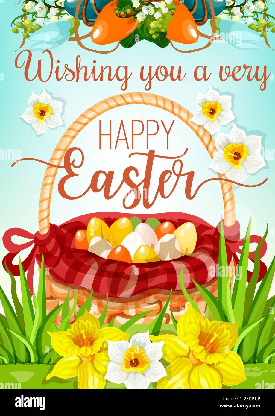 Easter Egg Hunt Basket Cartoon Poster Wicker Basket With Coloured Easter Eggs On Green Grass Meadow With Flowers Of Lily Narcissus And Snowdrop Eas Stock Vector Image Art Alamy