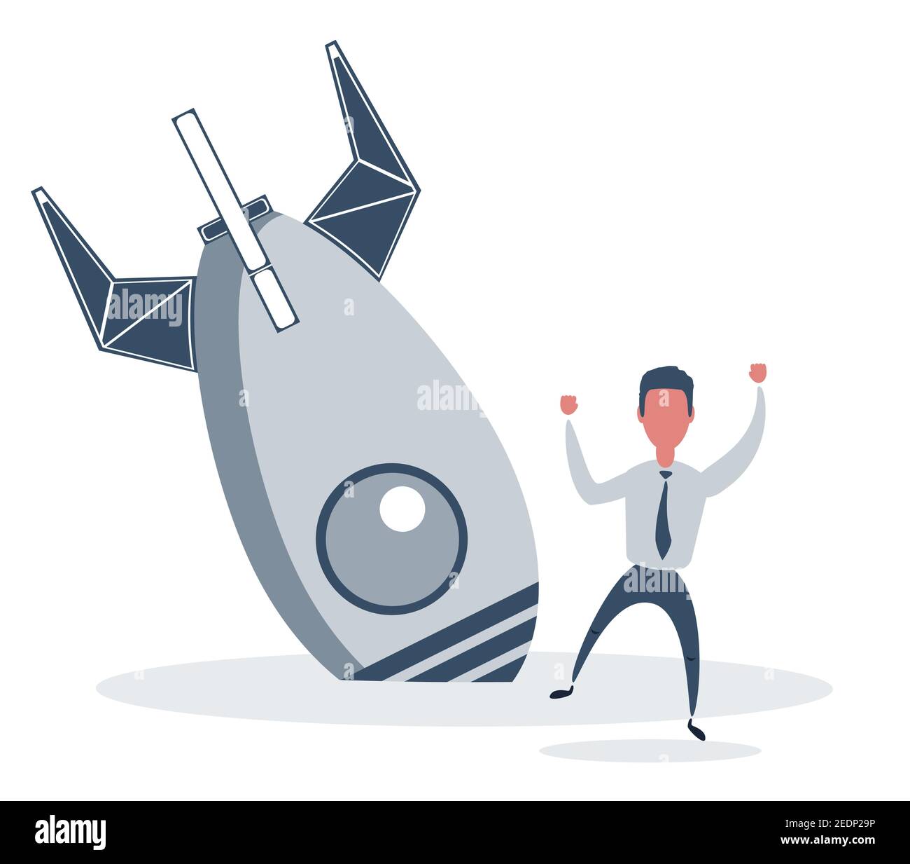 Businessman and rocket crash. Business failure, the rocket fell down. Stock Vector