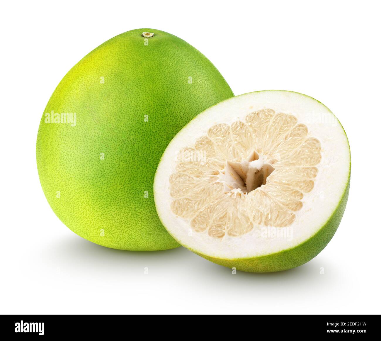 Green pomelo citrus fruit with cut isolated on white with clipping path