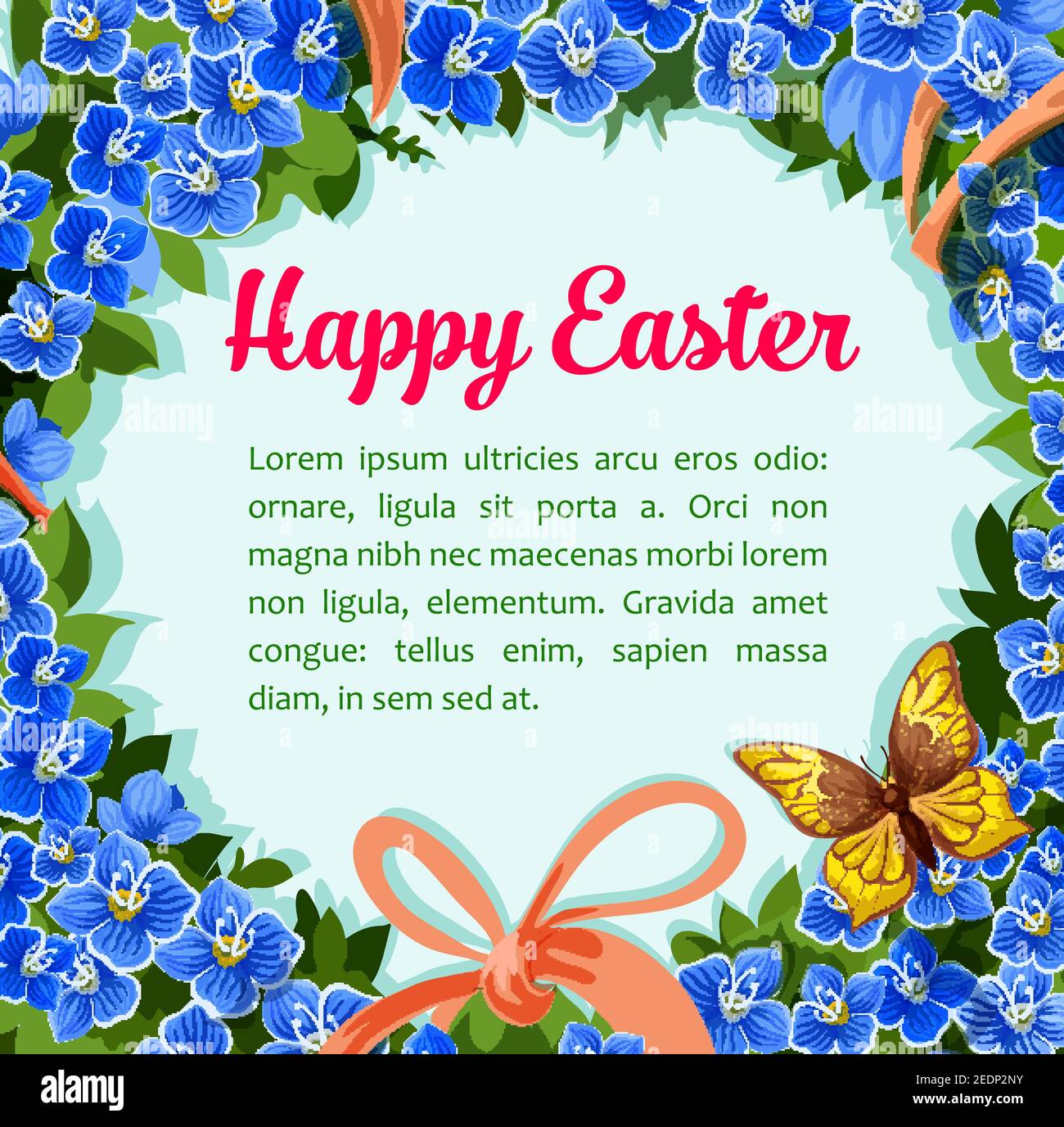 Happy Easter poster or paschal greeting template of spring blue flowers wreath, ribbon bow and butterflies. Vector design for Easter or catholic and o Stock Vector Image & Art - Alamy