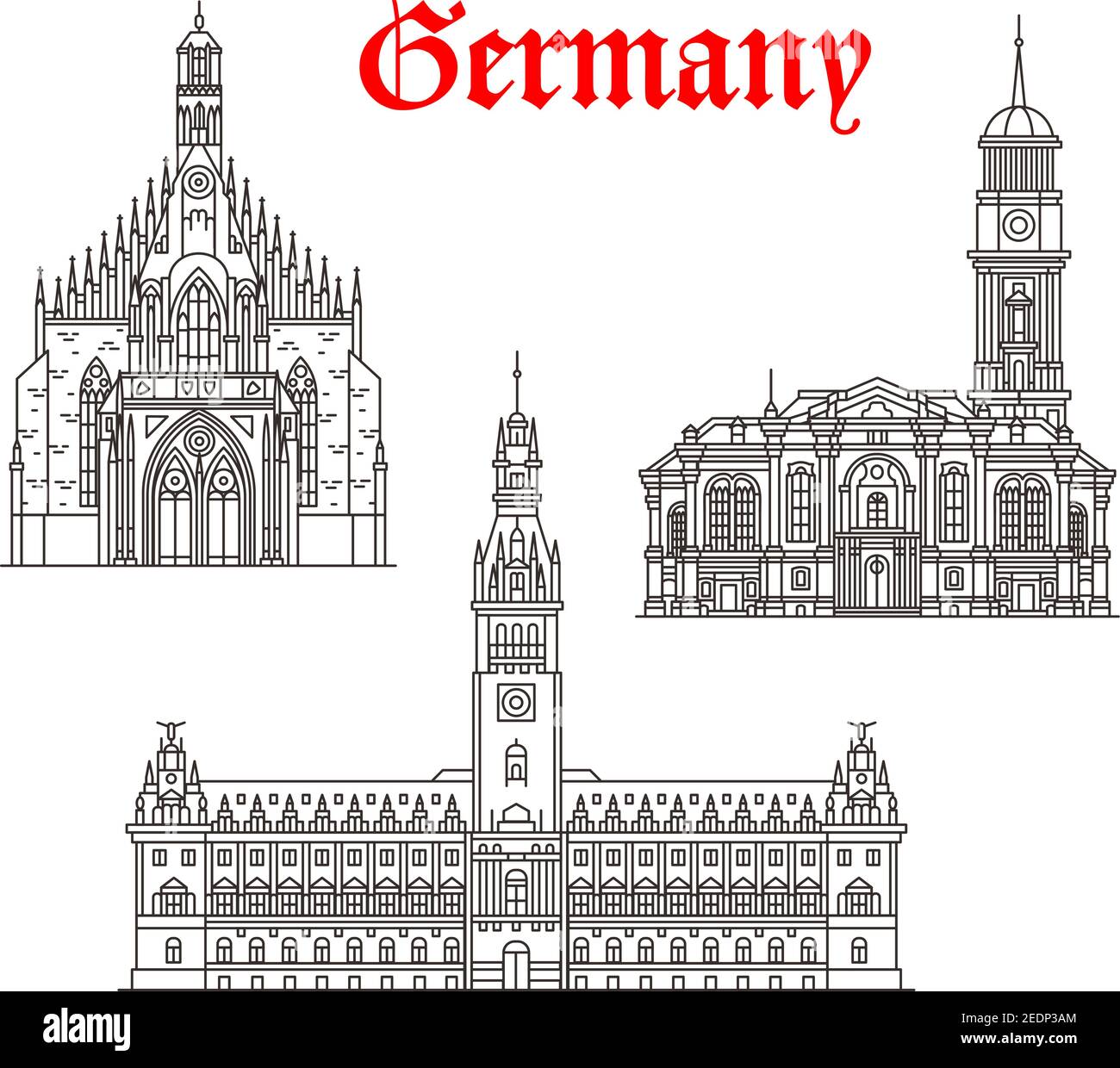 Germany architecture and German famous landmark buildings. Vector isolated icons and facades of Hamburg Town Hall or Rathaus, Frauenkirche or Our Lady Stock Vector