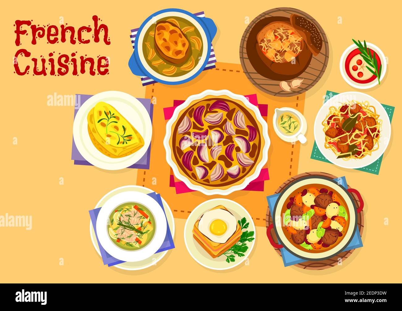 French cuisine healthy food icon of cheese ham toast with fried egg, onion cream soup, seafood stew, cabbage soup in rye bread bowl, cabbage pork stew Stock Vector