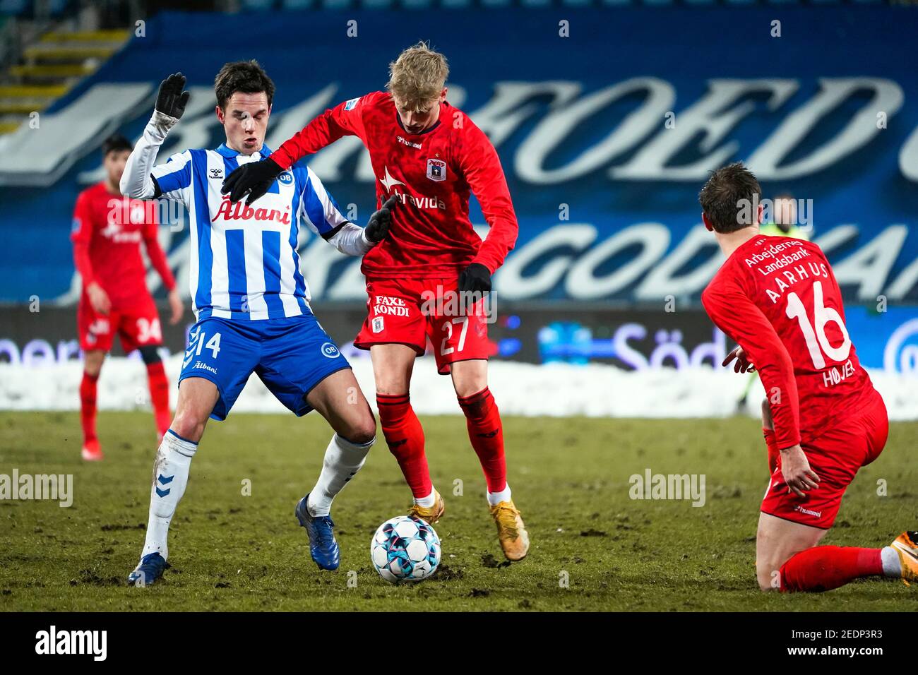 Odense, Denmark. 14th Feb, 2021. Albert Erlykke (27) of Aarhus GF and Jens Jakob Thomasen (14) of OB seen during the 3F Superliga match between Odense Boldklub and Aarhus GF at Nature Energy Park in Odense. (Photo Credit: Gonzales Photo/Alamy Live News Stock Photo