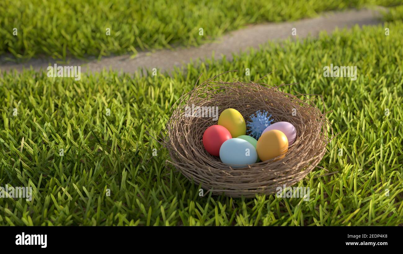 Easter and Coronavirus concept: An easter nest with colored easter eggs and a corona virus model. Stay safe at easter. Stock Photo