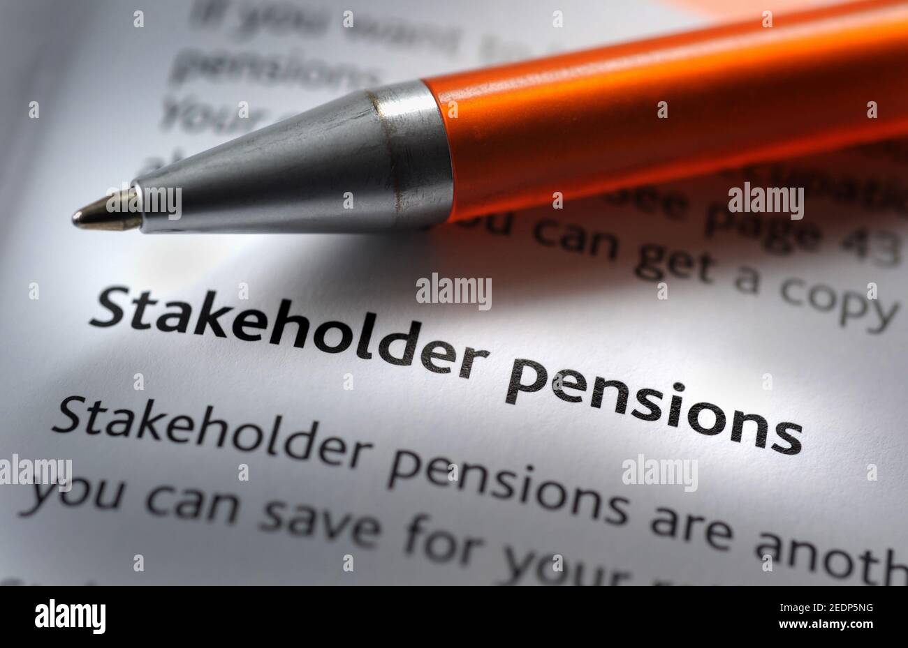 STAKEHOLDER PENSIONS LITERATURE WITH PEN RE PENSIONS RETIREMENT SAVINGS STATE PENSION OLD AGE ETC UK Stock Photo