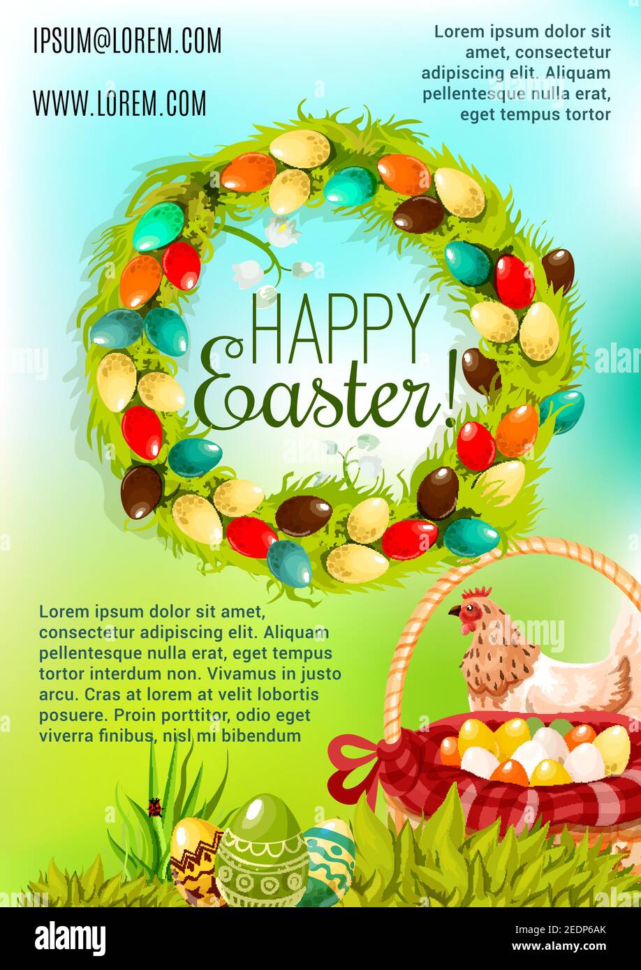 Happy Easter Day Cartoon Poster Easter Egg Hunt Basket On Green Grass Chicken And Spring Floral Wreath With White Lily Flowers And Painted Eggs Eas Stock Vector Image Art Alamy