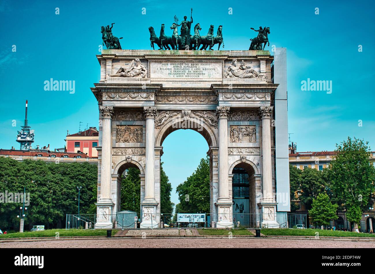 Milan, Italy, 08.29.2020 Porta Sempione is a city gate of Milan. The gate is marked by a landmark triumphal arch called Arco della Pace , Arch of Peac Stock Photo