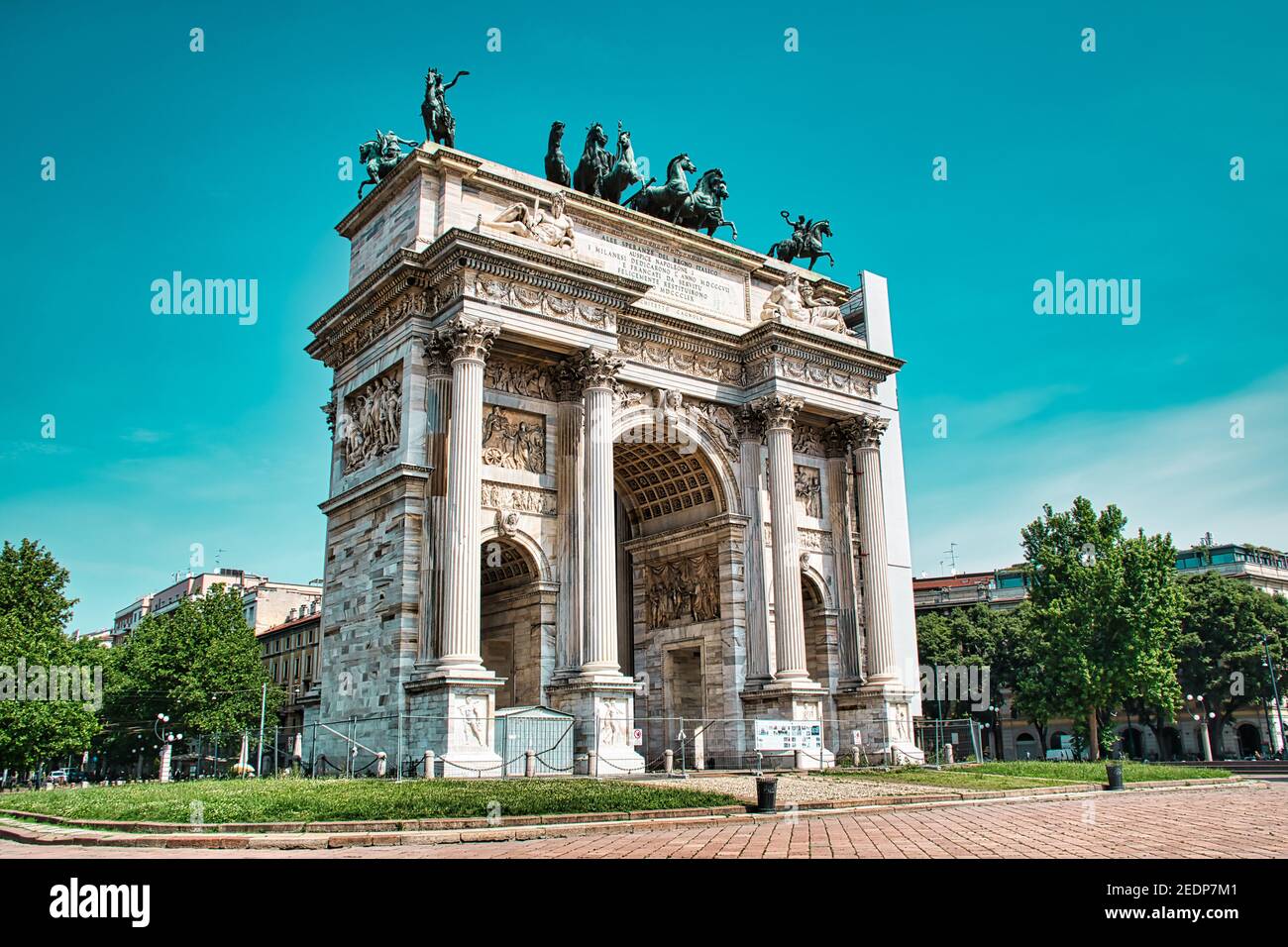 Milan, Italy, 08.29.2020 Porta Sempione is a city gate of Milan. The gate is marked by a landmark triumphal arch called Arco della Pace , Arch of Peac Stock Photo