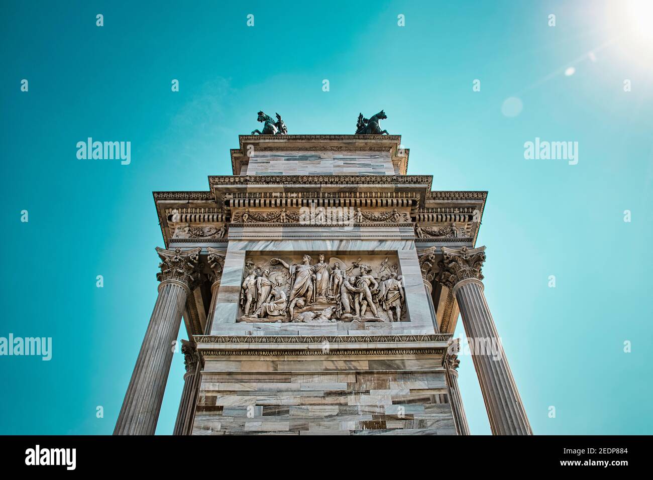 Milan, Italy, 08.29.2020 Porta Sempione is a city gate of Milan. The gate is marked by a landmark triumphal arch called Arco della Pace , Arch of Peac Stock Photo